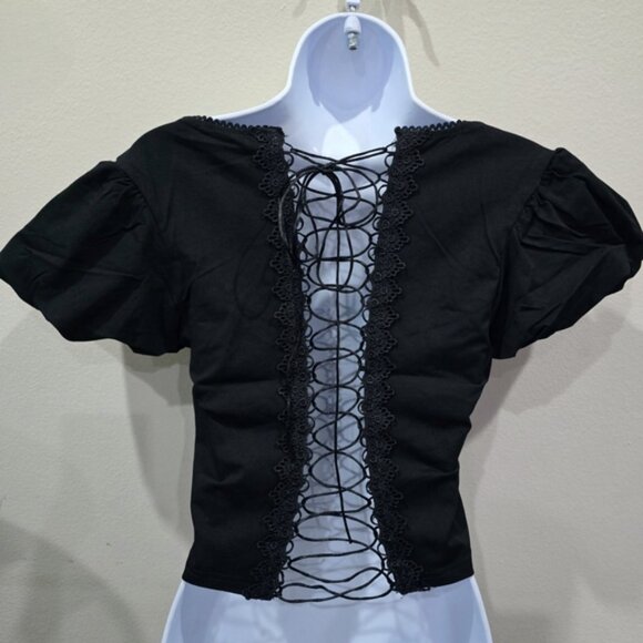 Diamond In The Dark Black Lace Up Flutter Sleeve Top Gothic Romantic Dark M - Picture 6 of 8
